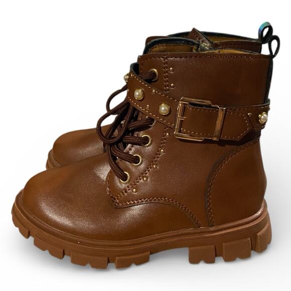 Inmuld Toddler Girls Combat Boots 12 Brown Lace Up Pearl Buckle Winter Snow - Picture 6 of 7